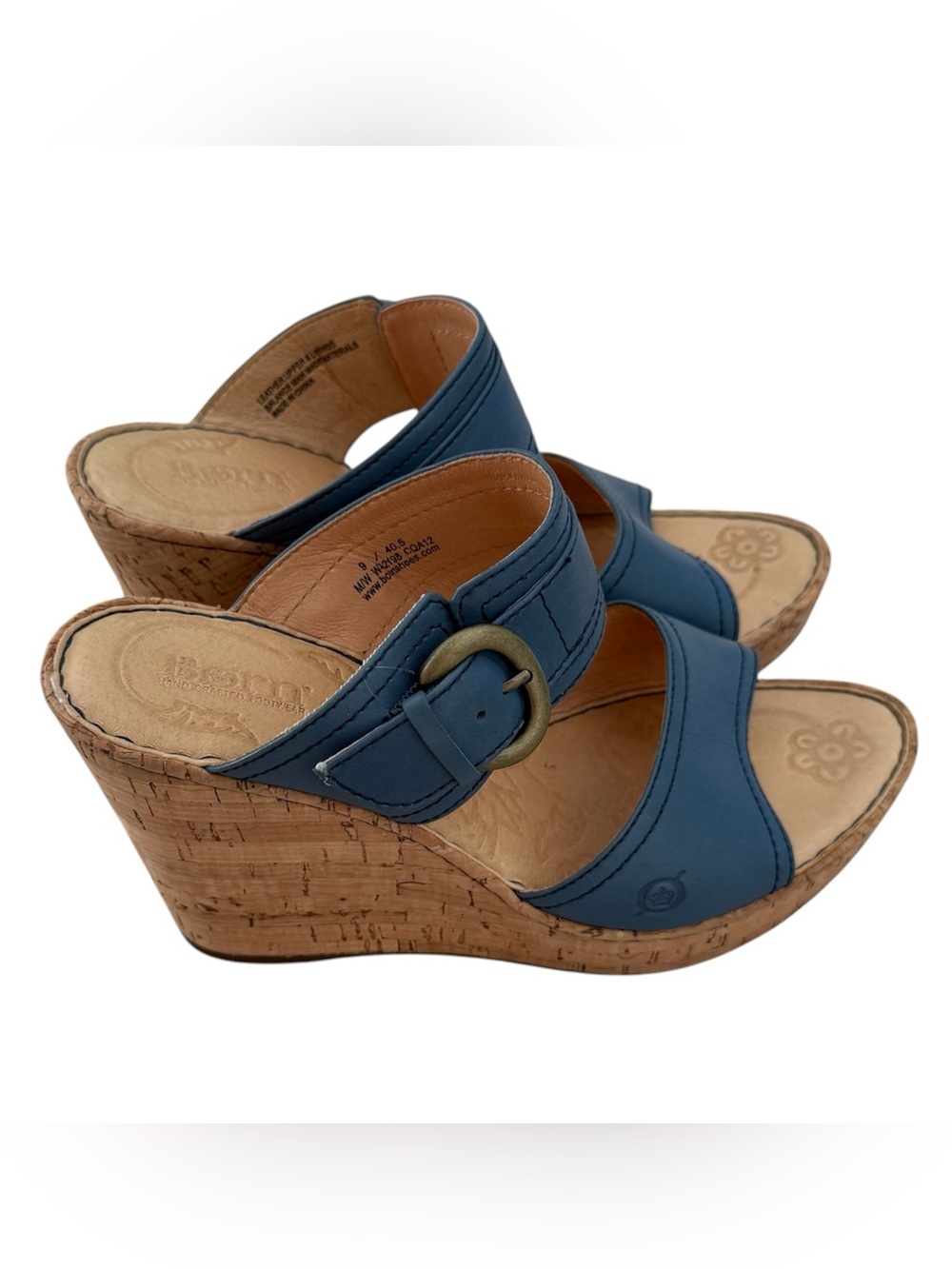 BORN Slate Blue Leather Double Buckle Strap 4” Wedge Heel Sandal Size 9